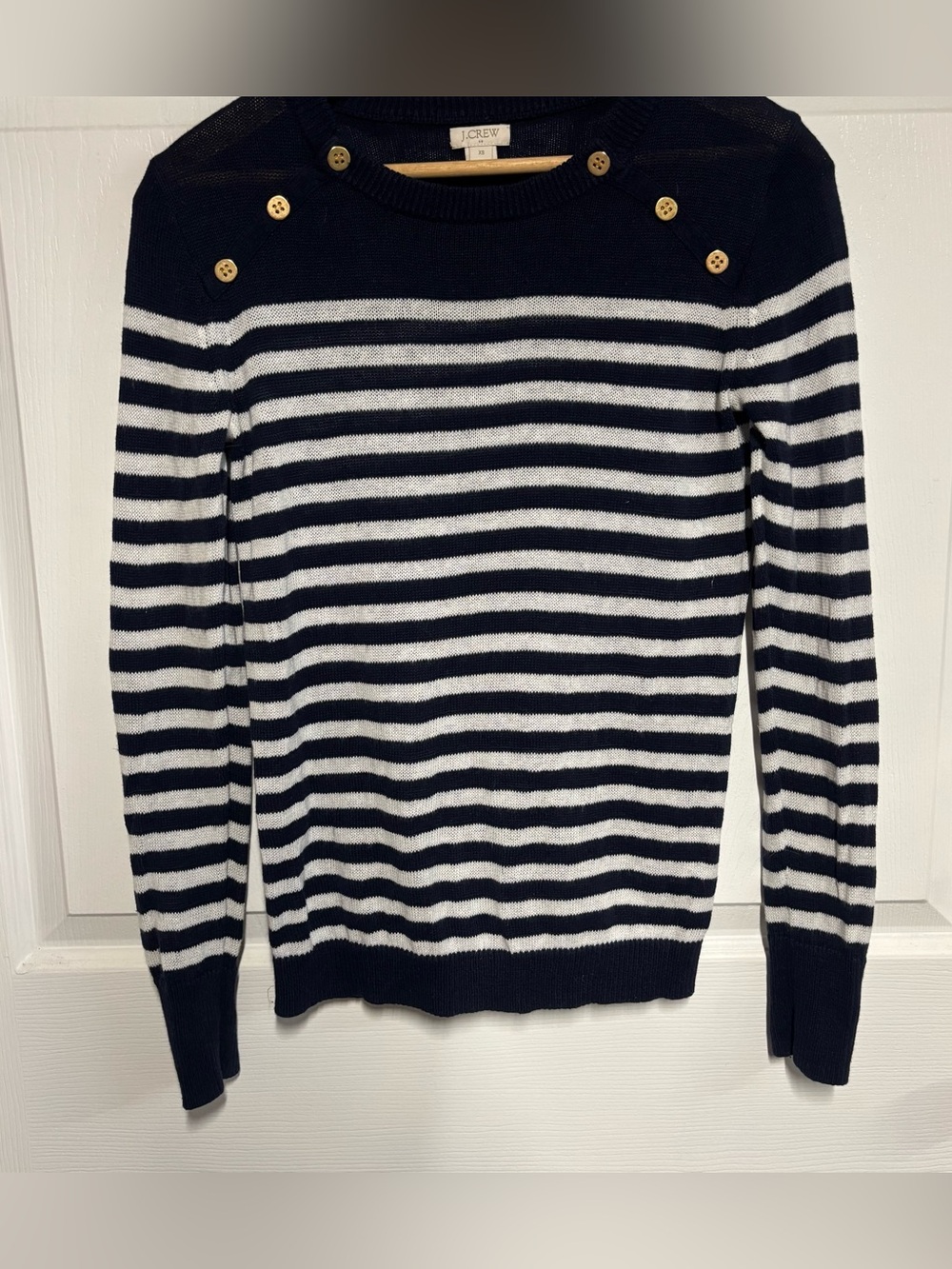 J. Crew Navy and White Striped Crewneck Sweater with Button-Shoulder Detail